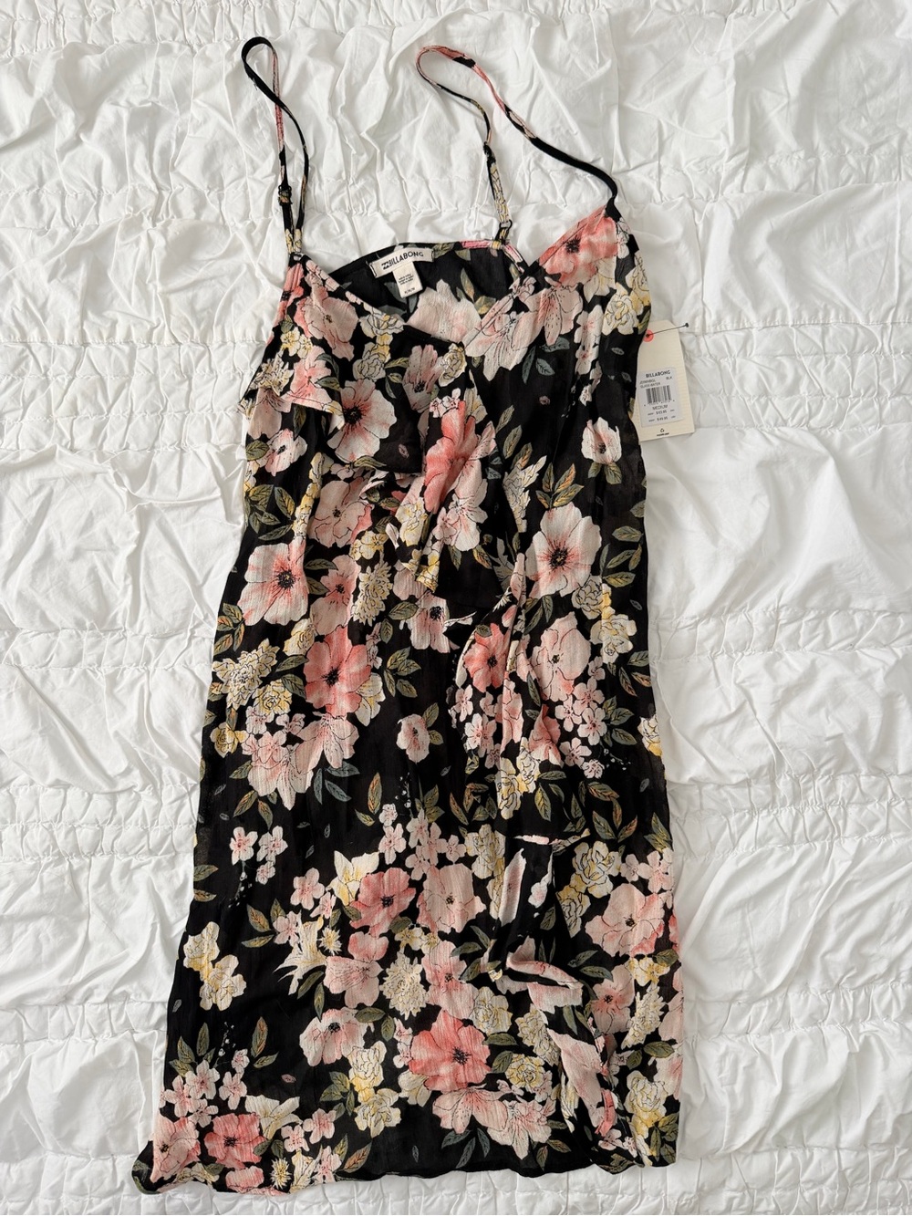 Billabong Black Midi Slip Dress with Pink & Cream Floral Print